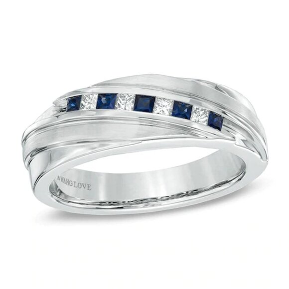 Vera Wang Love Collection Men's Blue Sapphire and Diamond Slant Band - Picture 1 of 3